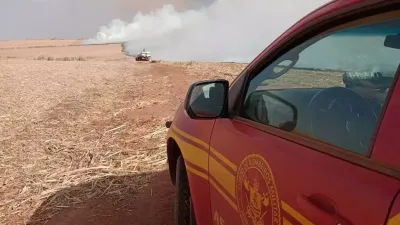 Imagem da notícia Incêndio de grandes proporções ultrapassa divisa entre GO e MS e atinge lavoura de cana em Chapadão do Sul
